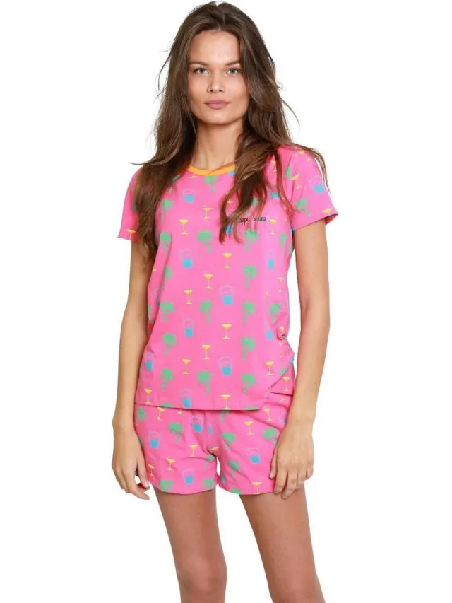 Happy Snooz Happy Pyjama's | Shortama dames met shirt | Summer Evening - Palmbomen & cocktail prints | Vrolijk, hip en moderne dames shortama | Maat S (S-XL) Roze