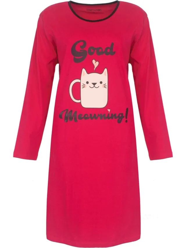Temptation Dames Nachthemd - Bigshirt - Good Meowning! Print - Rood