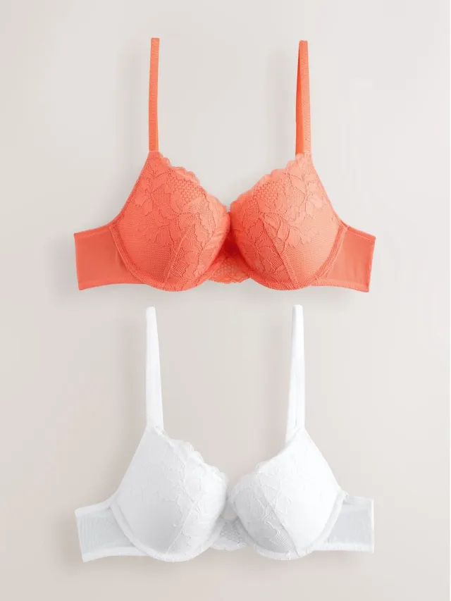 Next Dames - Set van 2 push-up beha's met lage decolleté en kant - Oranje Orange/White