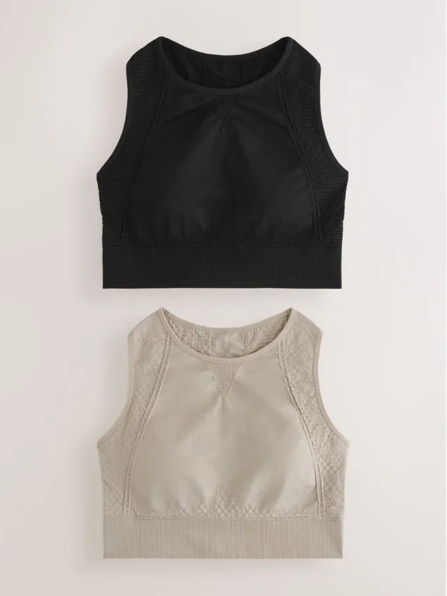 Next Dames - Naadloze sportbeha's met hoge hals en gemiddelde ondersteuning, set van 2 - Zwart Black/Stone