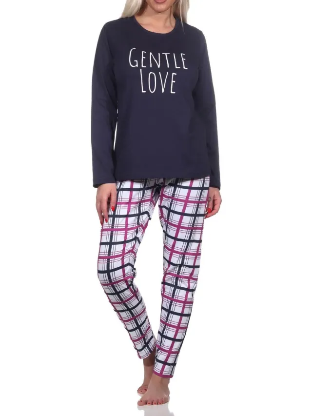 Normann damespyjama met lange mouwen en geruite jersey broek navy