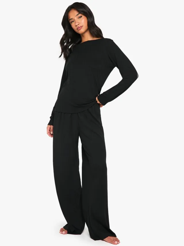 boohoo Dames Petite Pointelle pyjamaset met top met lange mouwen en wijde broek Zwart