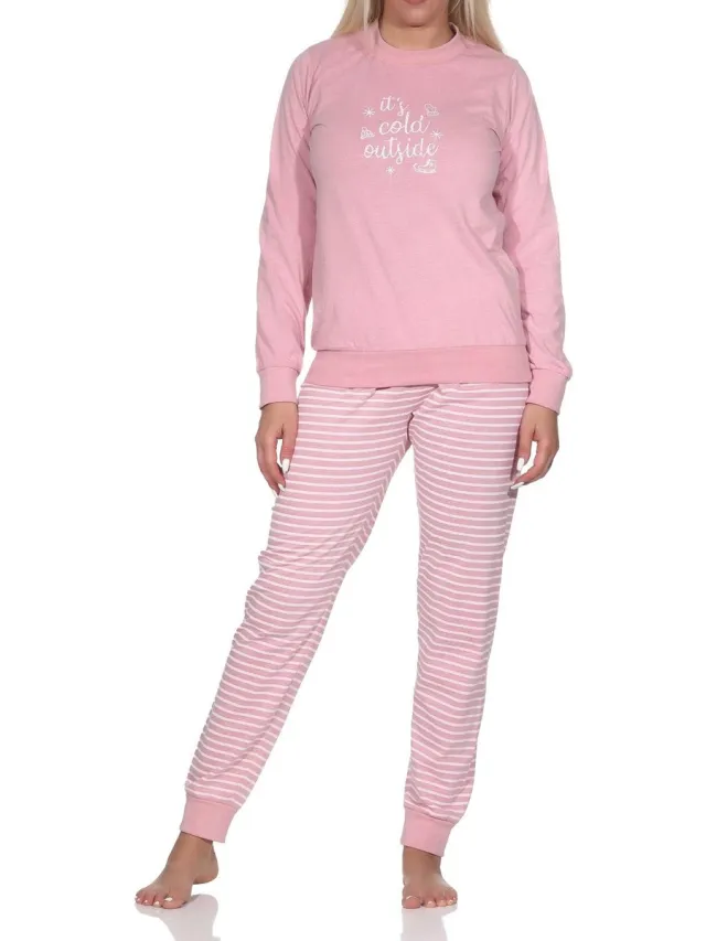 Normann damespyjama met lange mouwen en gestreepte broek rose