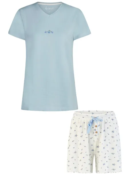 By Louise Dames korte pyjama set shortama lichtblauw/wit gebloemd Veelkleurig