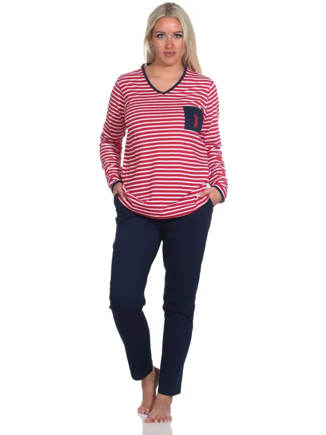 Normann Damespyjama in maritieme streepjeslook en vuurtorenmotief - ook in oversize rot