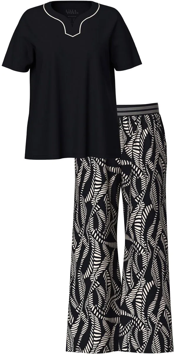 Ulla Popken Dames - Pyjama palmbomen hartvormige hals korte mouw - Zwart - Maat 50+