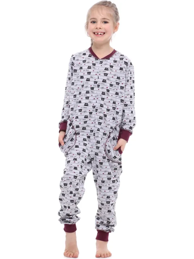 Merry Style Kinder Pyjama - ronde hals - lange mouwen - lange broek met zakken - Katoen - MS-MS10-186-PJ - Melange Katzen Wein - 110-116