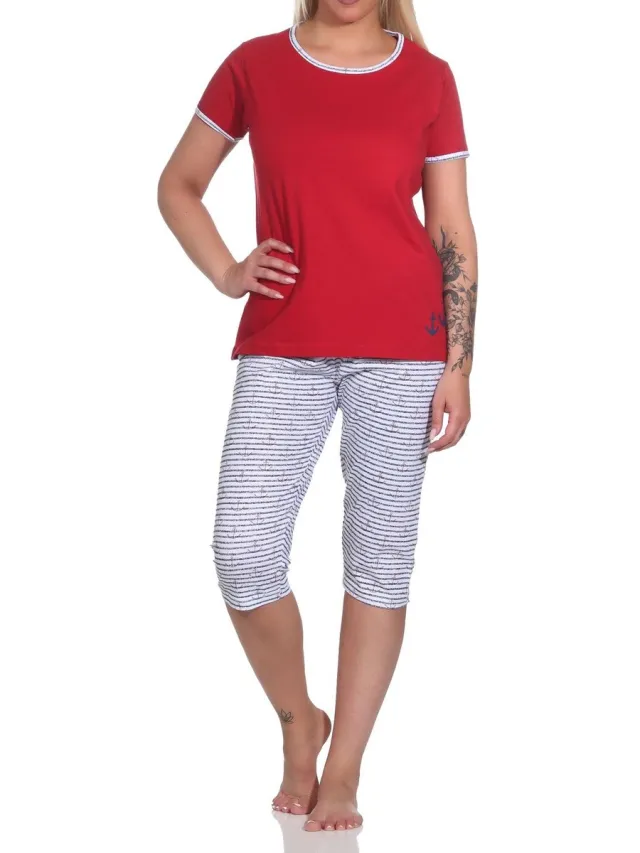 Normann Capri pyjama korte mouw, dames pyjama met 3/4 broek in maritieme look - 123 151 rot