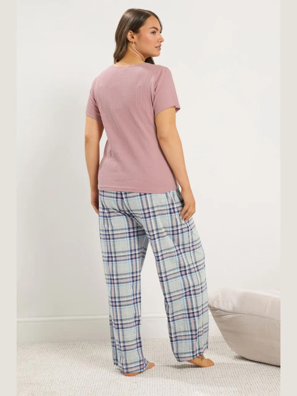 Yours Curve Roze Geruite Pyjamaset Met Wijde Pijpen-64, foto 2
