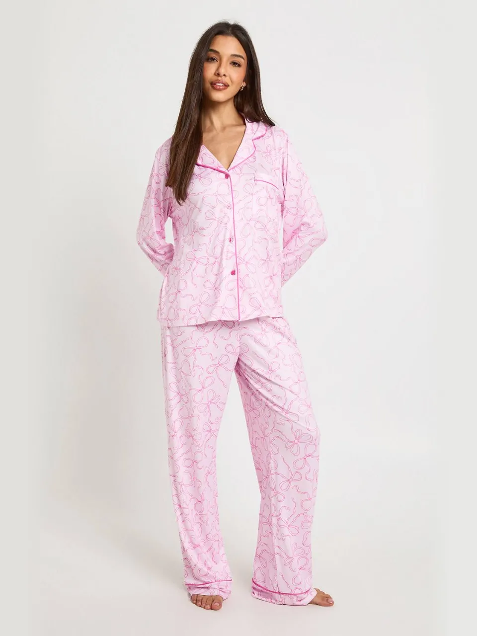 boohoo Dames Pyjama Set Met Strikjesprint Lange Mouwen Shirt & Broek baby roze, foto 3
