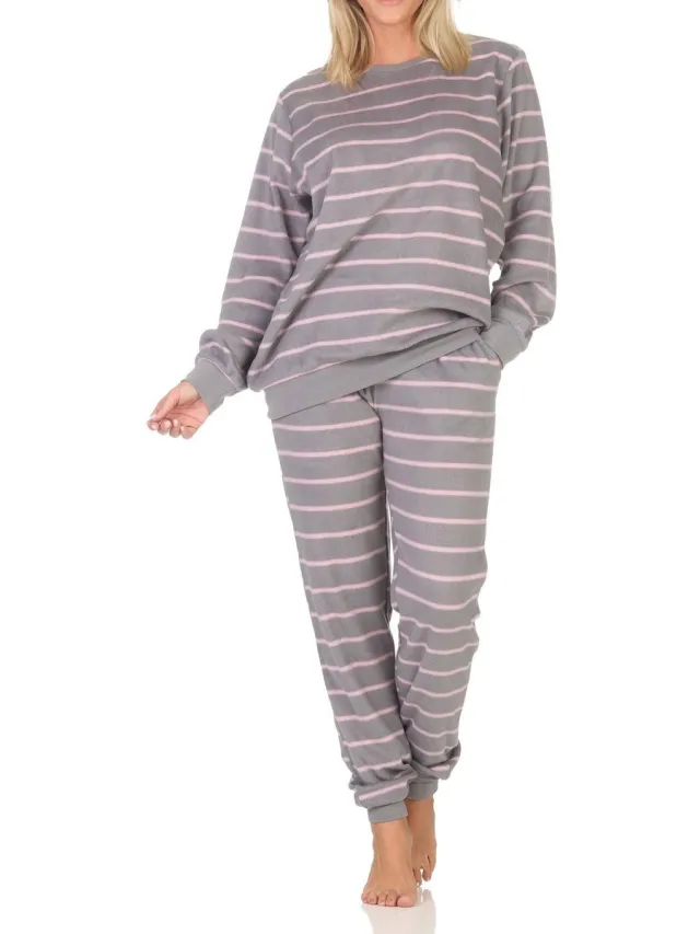 Normann fleece damespyjama met lange mouwen en manchetten in coole look grau