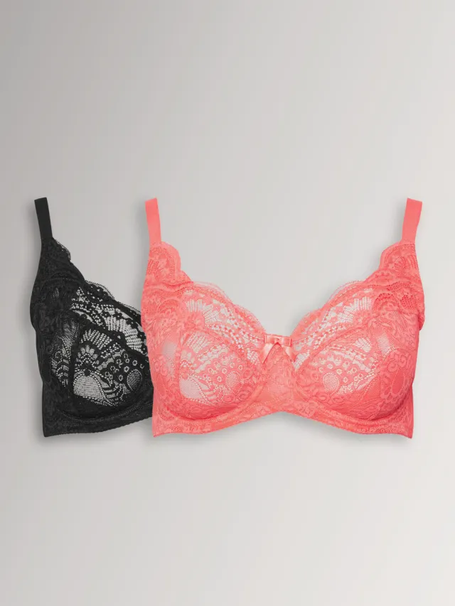 Yours 2 Pack Bh's Met Bloemenkant En Beugel In Zwart/Roze, foto 2