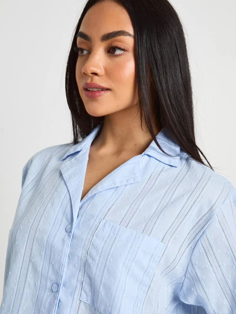 boohoo Dames Katoenen Dobby Korte Mouw Shirt & Korte Pyjama Set lichtblauw, foto 4
