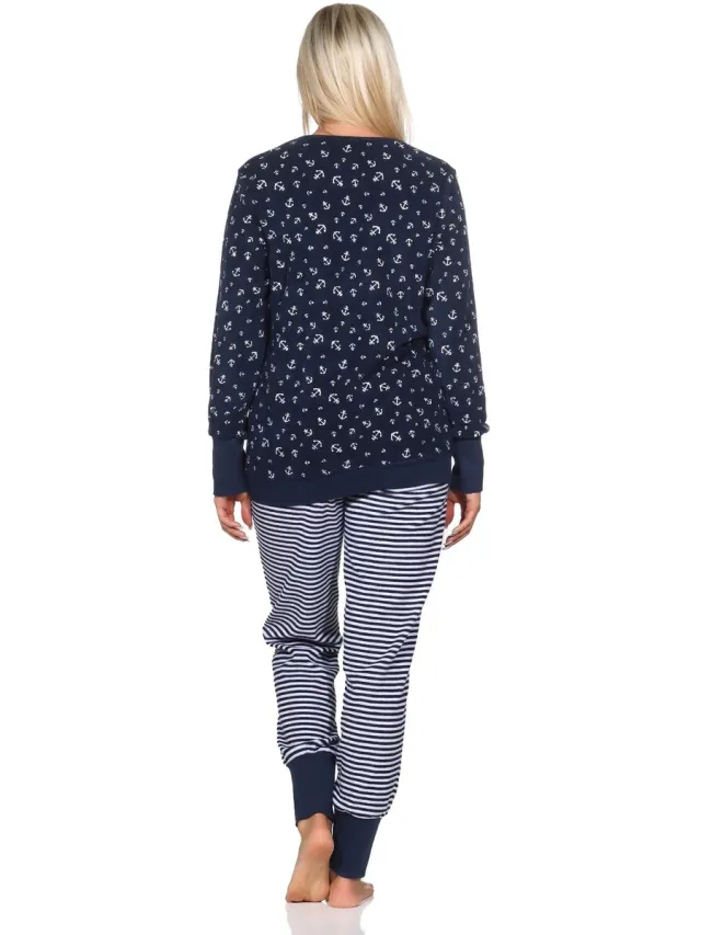 Normann damespyjama van lange badstof met manchetten in maritieme look - ook in oversize marine