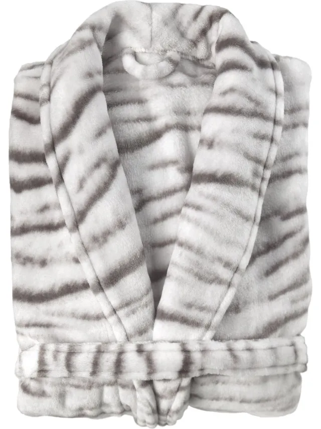 Zohome Siberian White Tiger Badjas Lang - Flanel Fleece - Grey - Badjas Dames - Badjas Heren Grijs