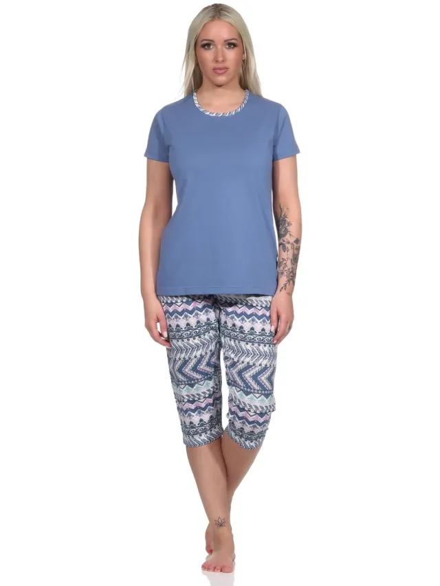 Normann Damespyjama met korte mouwen en capri in etnische look blau