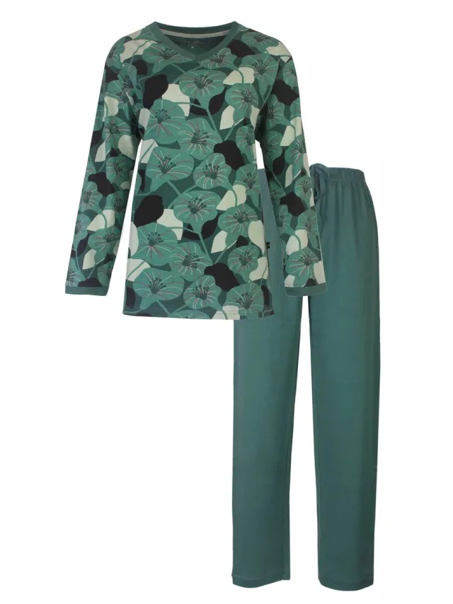 Medaillon Dames Pyjama - Gebloemd Dessin - Katoen - Groen