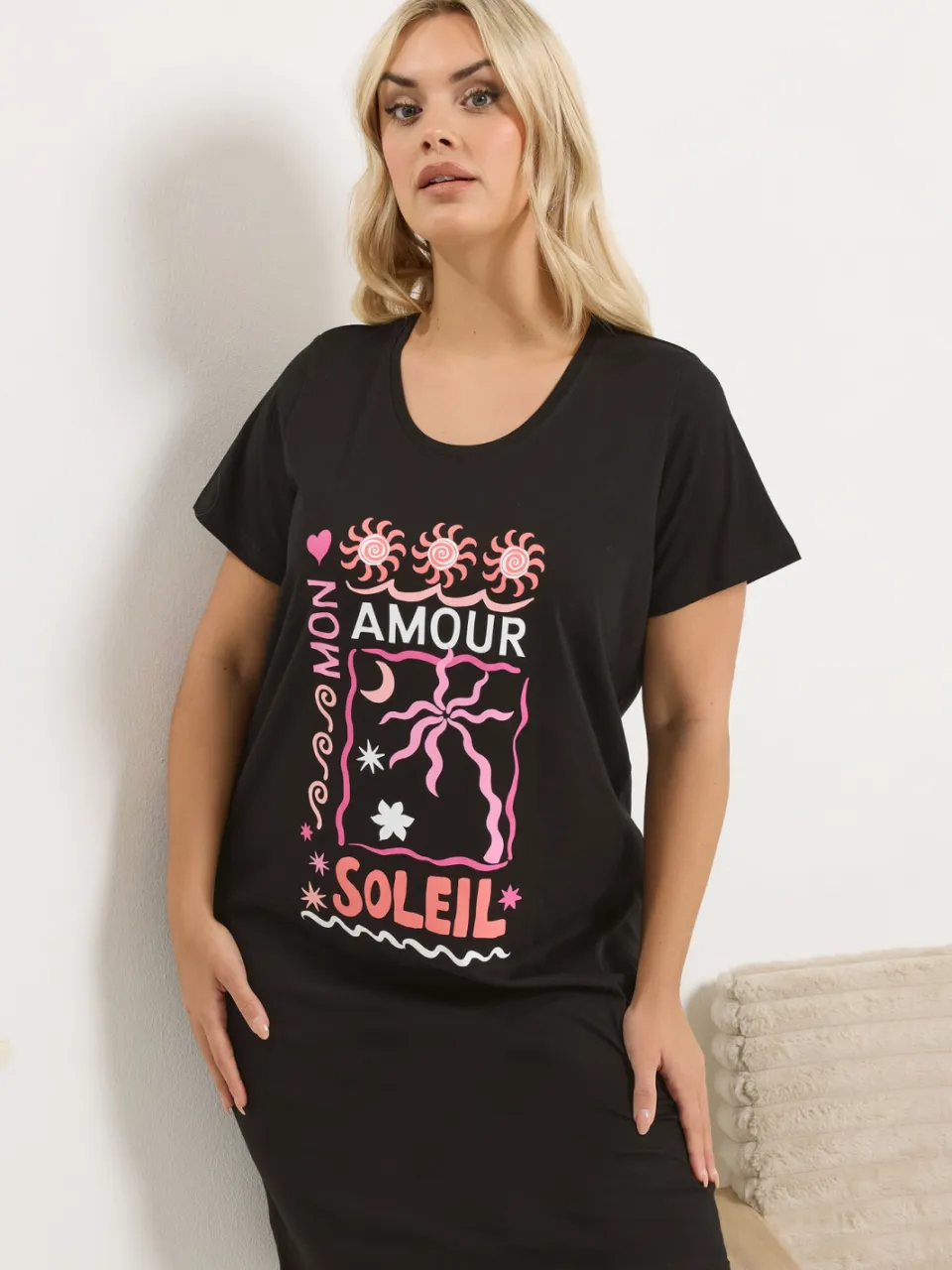 Yours 2 Pack Zwarte 'Amour Soleil' Nachthemden Met Lange Achterkant-52, foto 4