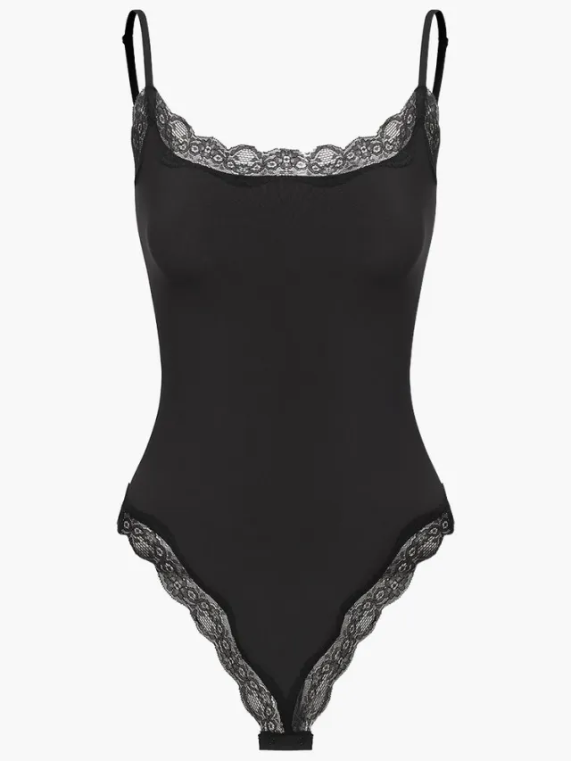 cfab Bodysuit met strikjes en kant - Zwart XL - Corrigerende Body - Naadlos - corrigerend ondergoed dames