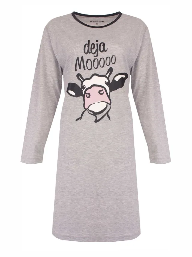 Temptation Dames Nachthemd - Bigshirt - Lange Mouw - Grijs Melange