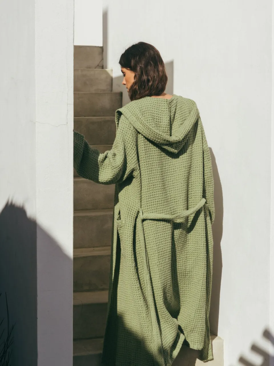 AmourLinen dames vegan Badjas Waffle Snuggle Mosgroen olijfgroen, foto 2