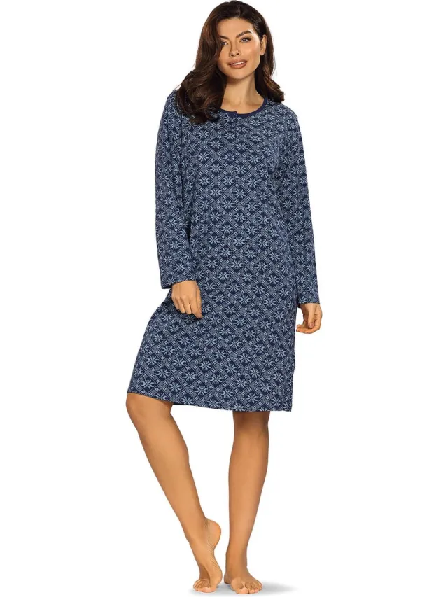 Comtessa Interlock Nachthemd 'Cosy Snowflake' - Dames Nachtmode - Lange Mouw - Blauw