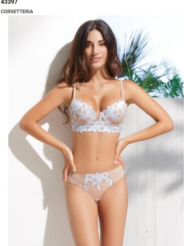 Infiore Italiaanse lingerie set met push-up beha satijn en slip TAN en BLAUW, 75B, 36