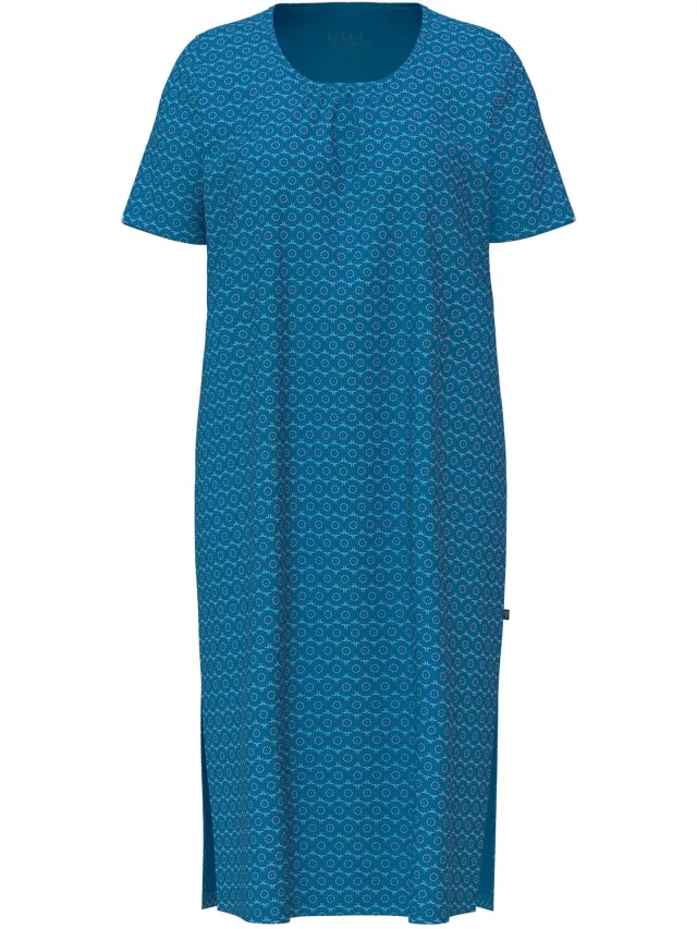 Ulla Popken Dames - Bigshirt met patroon ronde hals korte mouwen extra lang - Petrol - Maat 58+
