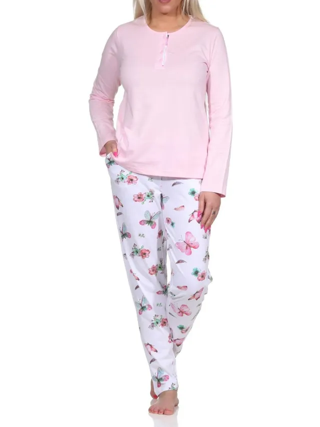 Normann damespyjama met lange mouwen en pyjamabroek in Floral Allover Print rosa1