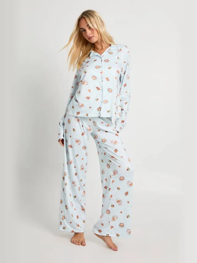 boohoo Dames Ontbijtdruk Langarmig Overhemd en Broek Pyjamaset Blauw