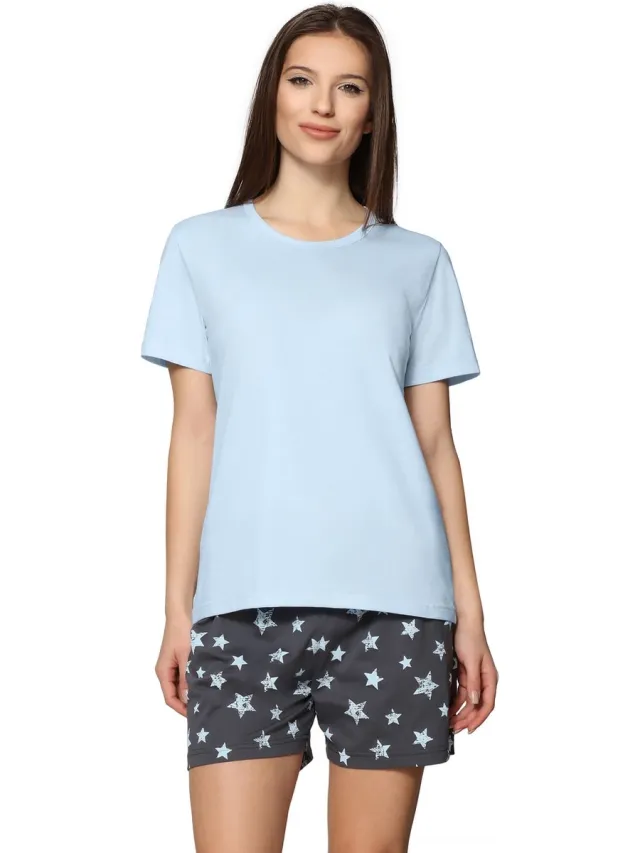 Merry Style MS-MS10-177-PJ Dames Pyjama - ronde hals - korte mouwen - korte broek zonder zakken - Katoen - Amarant/Grijs Graphite Stars/blue