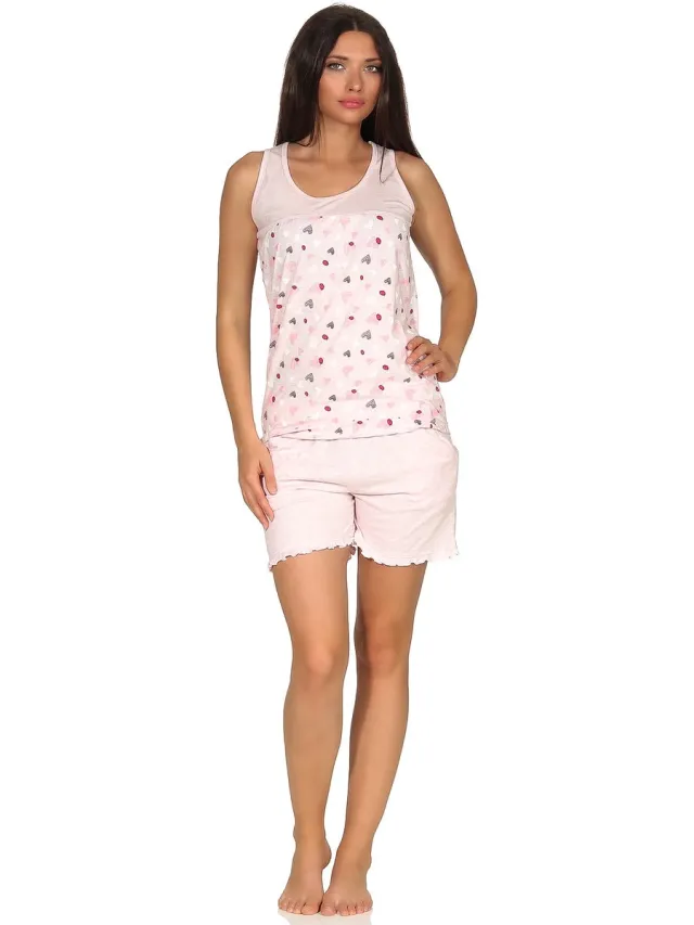 Normann Dames oksel shorty pyjama met een hartmotief in een gemêleerde look - ook in oversized rosa