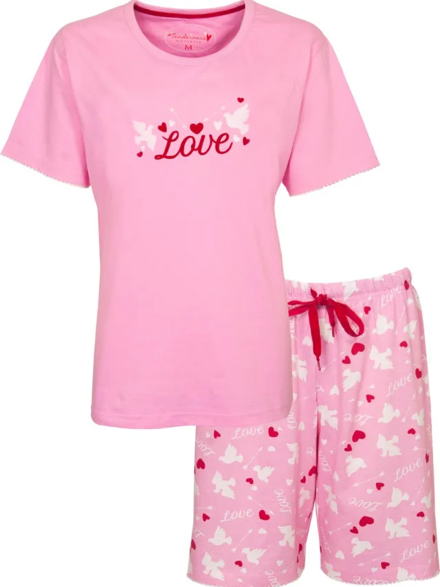 Tenderness Dames Shortama - Pyjama Set - Love Print - Roze