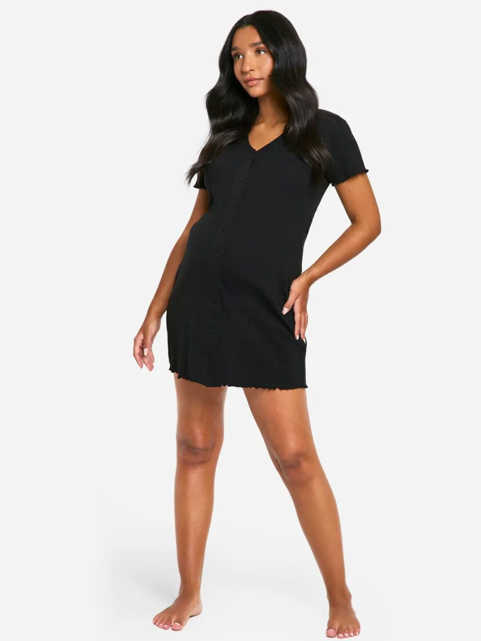 boohoo Dames Zwangerschaps Geribbeld Nachthemd met Knoopsluiting zwart, foto 3