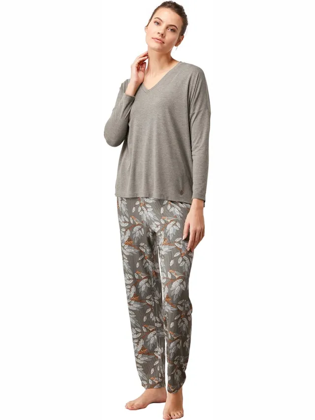 Penye Mood Dames Pyjama Set, Lange Mouwen grijs