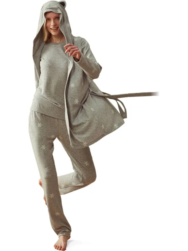 Feyza 3 Delige Dames Pyjama Set, Lange Mouwen, Grijs