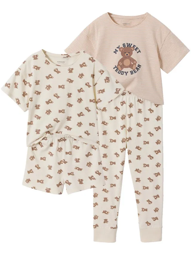vertbaudet Set van 2 pyjama's met berenprint, korte en lange mouwen ecru