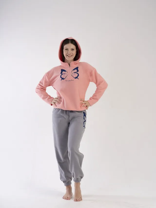 Vienetta Fleece Dames Pyjama Set, Lange Mouwen Perzik