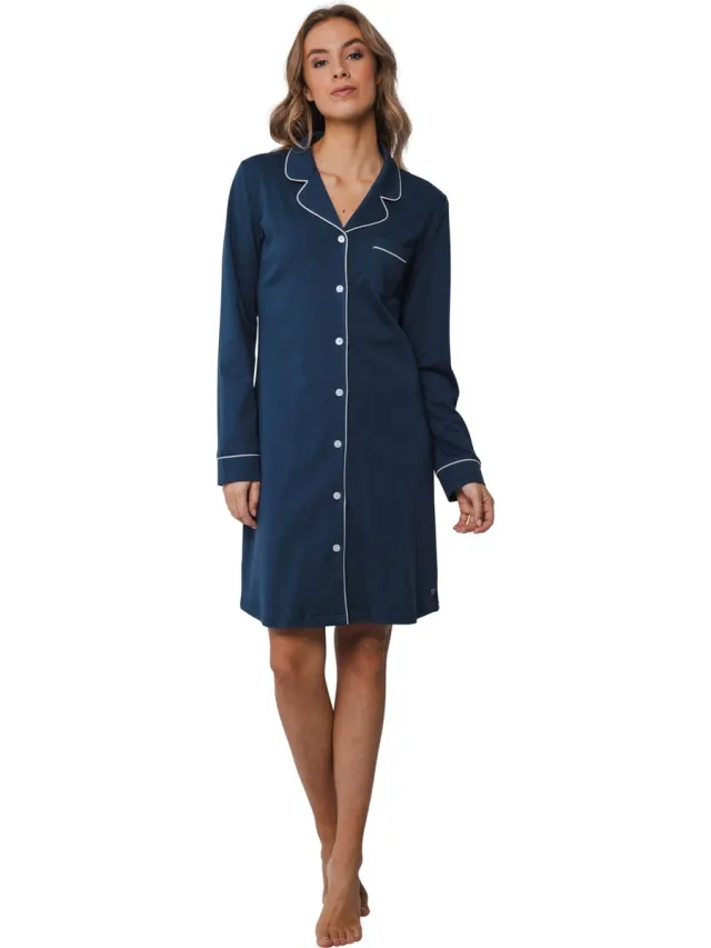 Pastunette Klassiek doorknoopnachthemd Pastunette - Blauw - Maat - 44