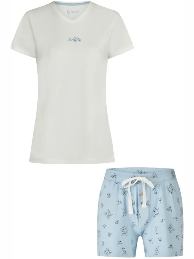 By Louise Dames Korte Pyjama Set Shortama Wit/Lichtblauw Gebloemd