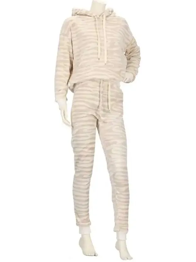Apollo Dames huispak Fleece - Lounge set dames - Zebra - Warm winter pyjamapak - Loungewear dames - Beige