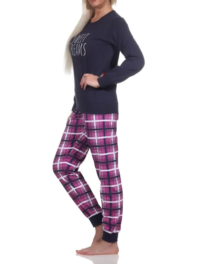 Normann damespyjama met lange mouwen en geruite jersey broek marine