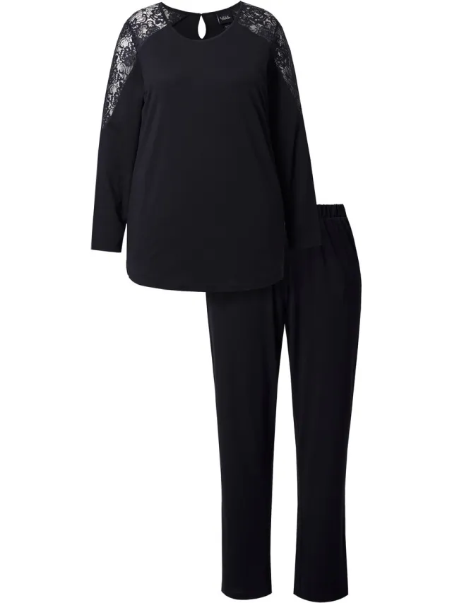 Ulla Popken Dames - Pyjama kant ronde hals lange mouwen modalmix - Zwart - Maat 46+