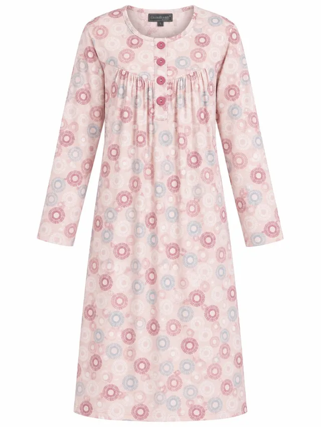 Cocodream Quality Cocodream - Klassiek nachthemd dames - Lange mouw - Roze Cirkelprint - Lang model