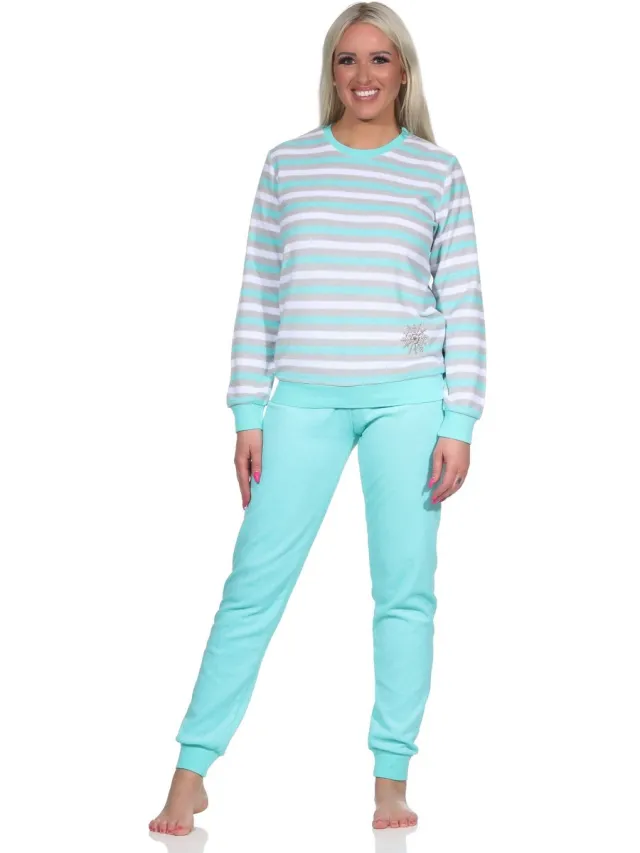 Normann Lange badstof damespyjama's, pyjama's met een gestreepte look en een ijskristalmotief mint