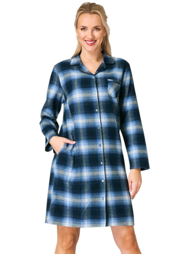 Key Flanellen Nachthemd Dames Doorknoopmodel Lange Mouw Marine Ruit LND 465 46 / Donkerblauw