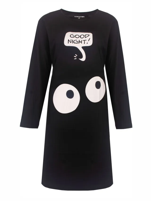 Temptation Dames Nachthemd - Bigshirt - Lange Mouw - Zwart
