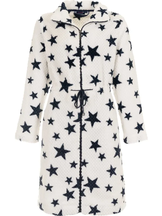 Pastunette Dames badjas met rits - sterrenprint - fleece - zacht & warm - ritssluiting badjas dames - luxe ochtendjas -maat S (36-38)