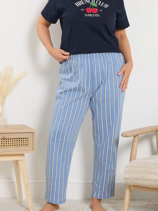 Yours Blauwe Gestreepte Pyjamabroek Met Wijde Pijpen-48, foto 3