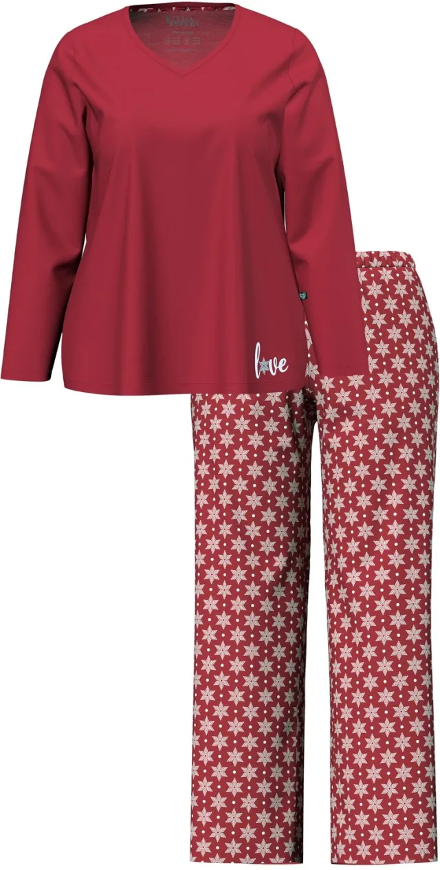 Ulla Popken Dames - Pyjama sneeuwvlokken V-hals lange mouwen - Donkerrood - Maat 46+